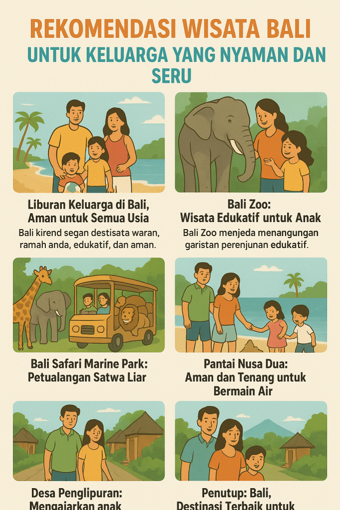 Poster rekomendasi wisata keluarga di Bali dengan ilustrasi kartun yang menampilkan enam destinasi: liburan keluarga di pantai, Bali Zoo, Bali Safari Marine Park, Pantai Nusa Dua, Desa Penglipuran, dan suasana keluarga menikmati pemandangan alam. Desain poster berwarna cerah dan ringkas, cocok untuk promosi wisata ramah keluarga.